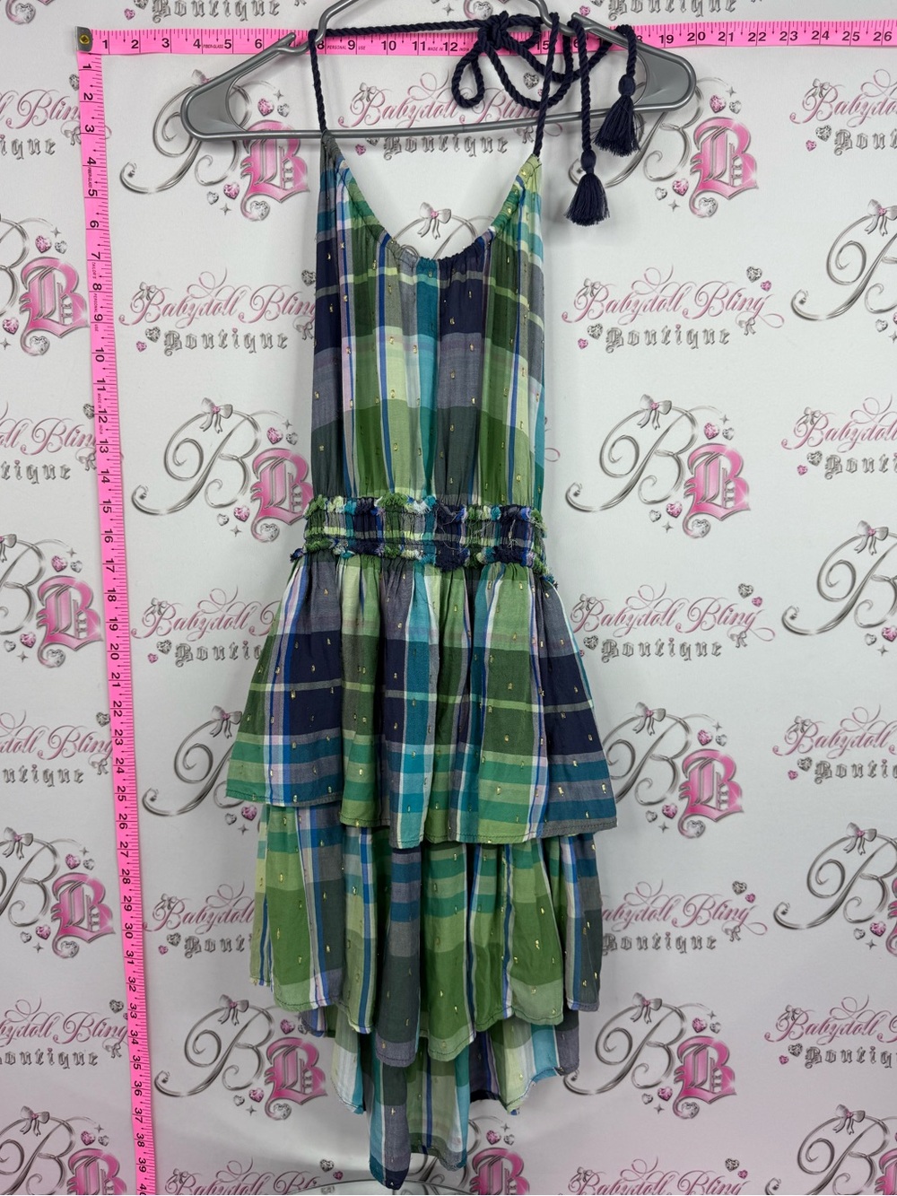 aerie dress tie up Green & Blue Plaid Tiered Sundress with Tassel Straps